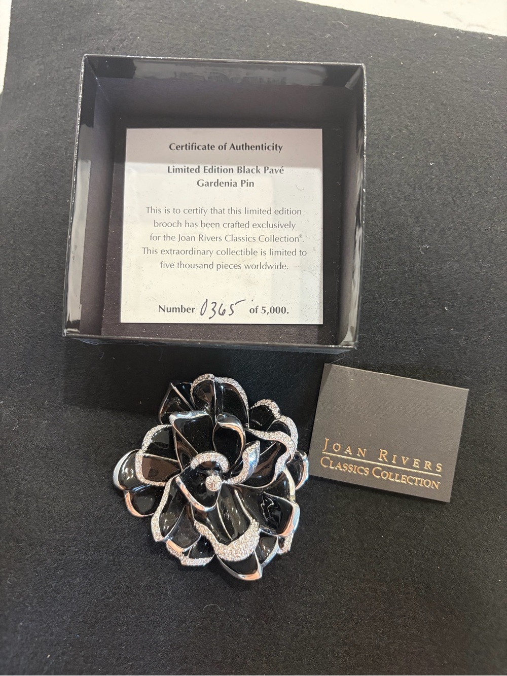 Joan Rivers Black and Silver Enamel Gardenia Brooch